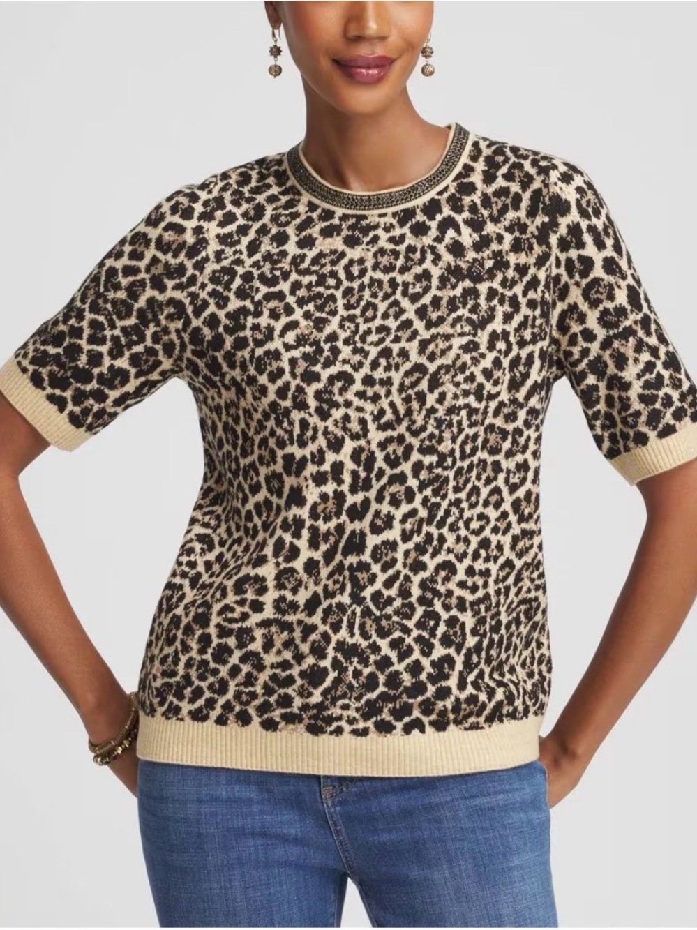 CHICOS EMBELLISHED CREWNECK ANIMAL PRINT SWEATER 3/XL/16
